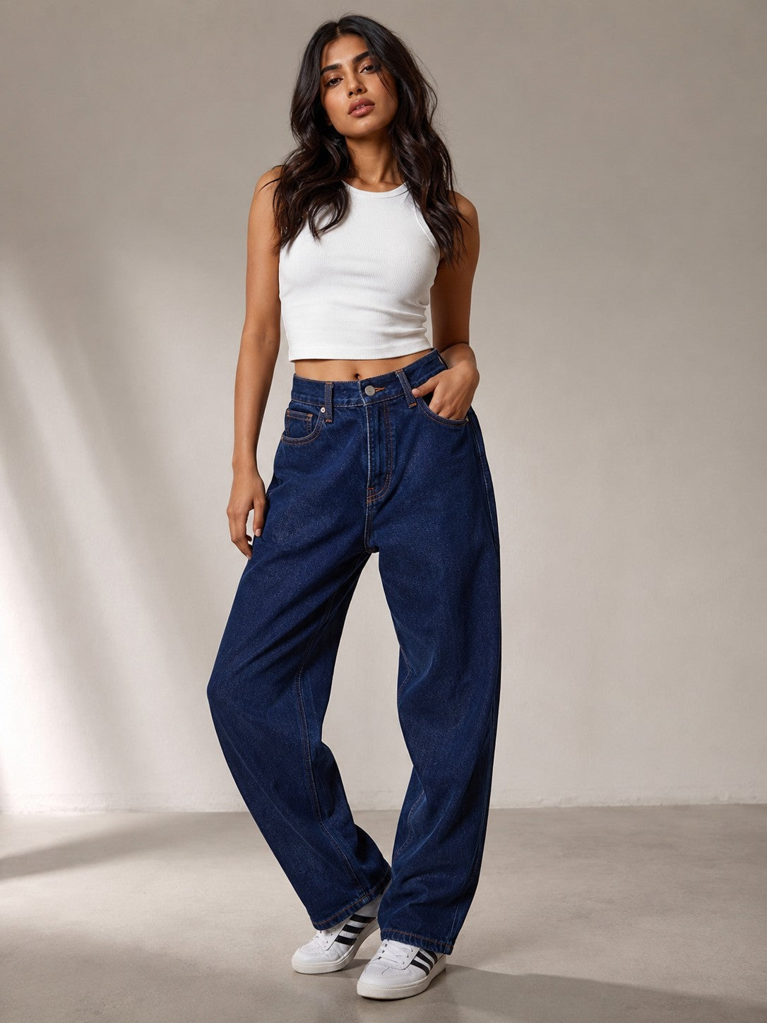 Women's High-Rise Wide Leg Barrel Jeans in Dark Indigo Wash