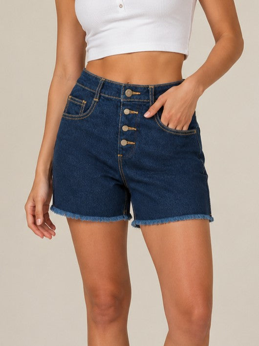 Women's Dark Blue High-Waisted Button Front Denim Shorts