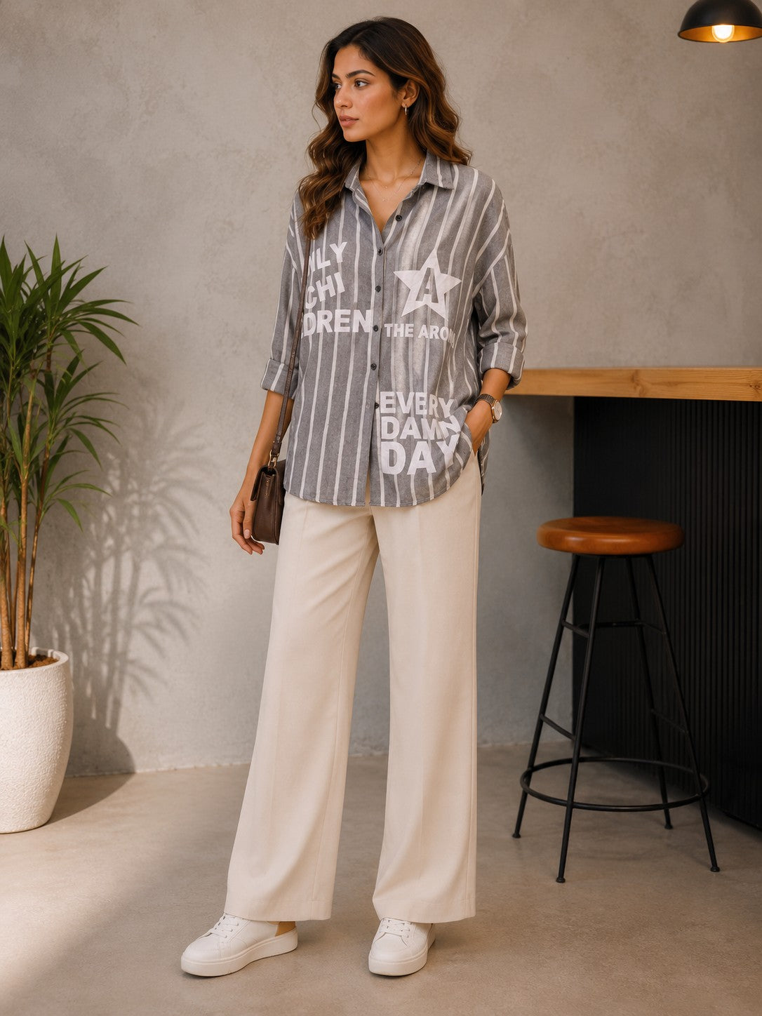 Women's Grey Striped Graphic Print Casual Shirt