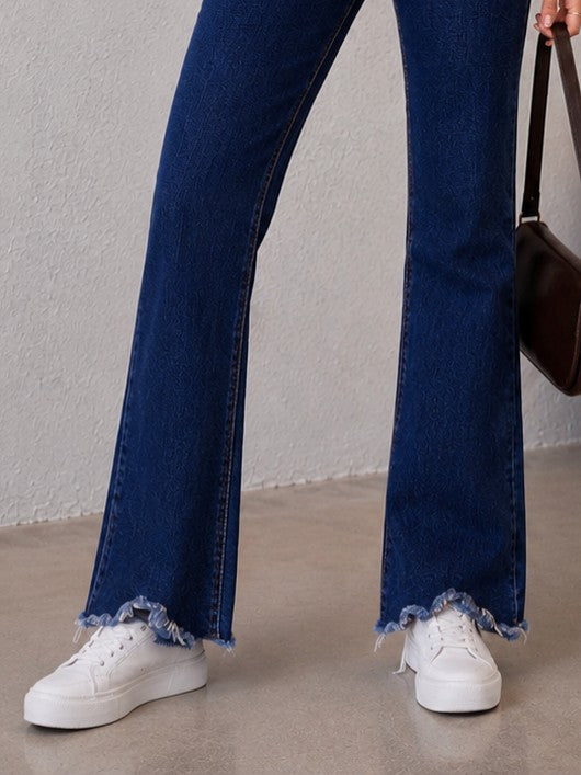 Women's High-Rise Flare Jeans in Dark Indigo with Frayed Raw Hem