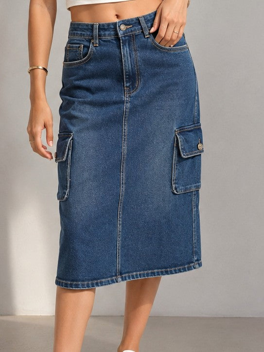 Women's Blue Denim Cargo Midi Skirt with Utility Pockets