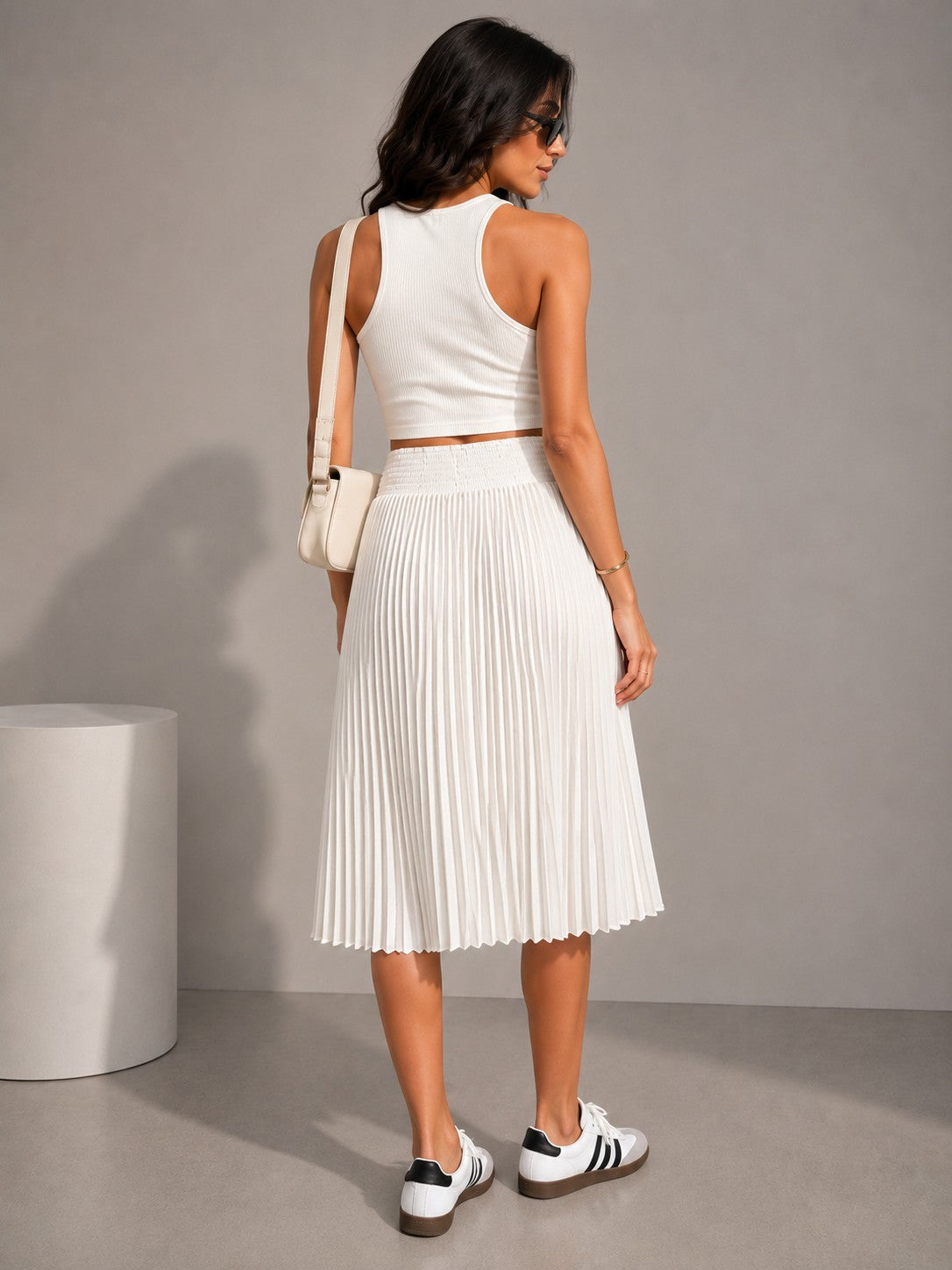 Women's Elegant White Pleated Midi Skirt – High Waist Flowy Casual Summer Skirt