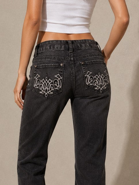 Women's Charcoal Black Bootcut Jeans with Embroidered Pockets