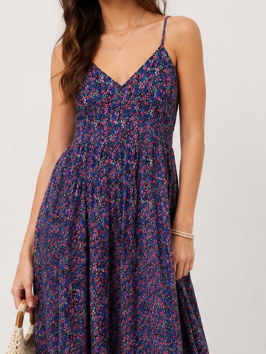 Women Blue Ditsy Floral Print Sleeveless Pleated Midi Dress