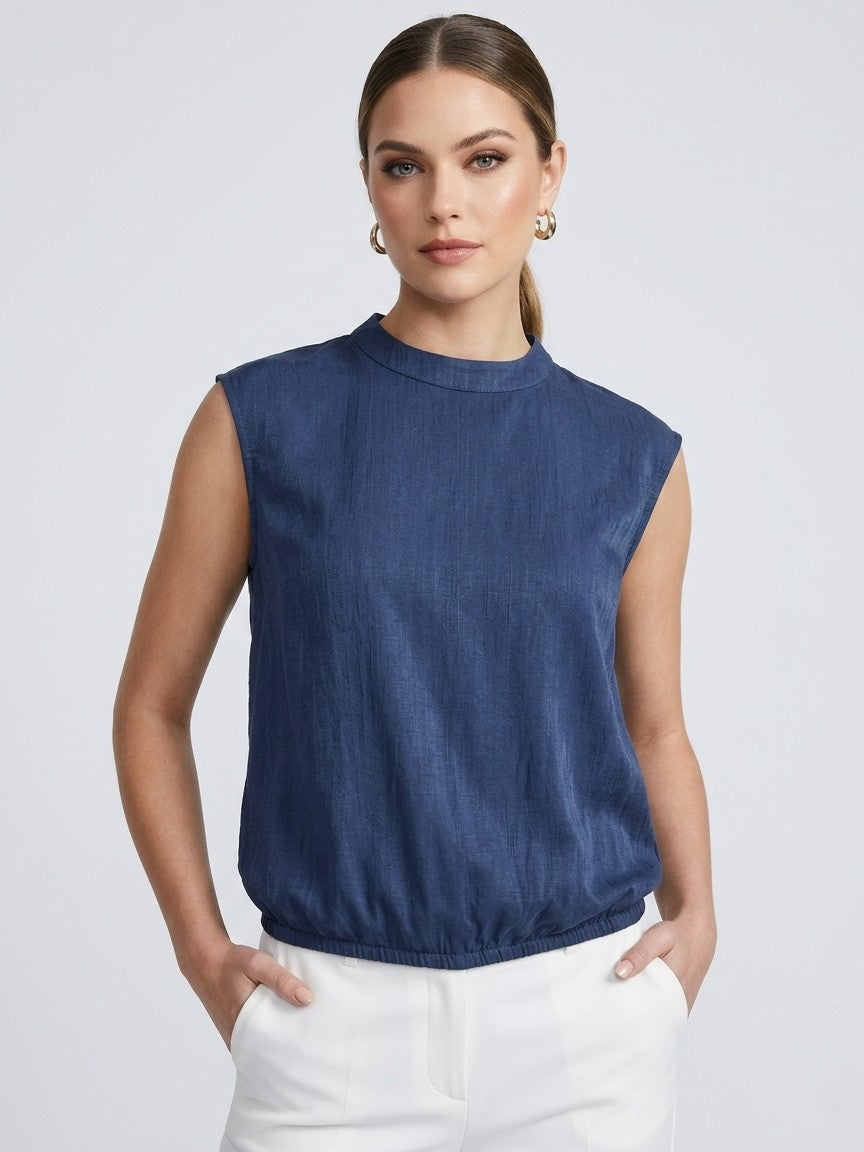 Navy Blue Sleeveless Mock Neck Top