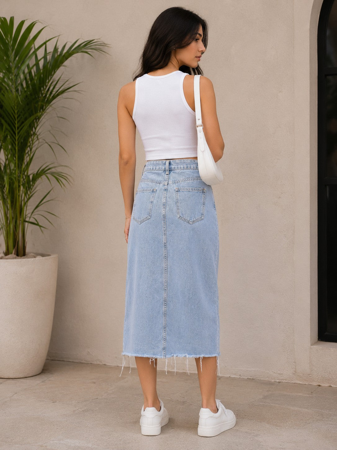 Women's Light Wash Denim Midi Skirt with Front Slit