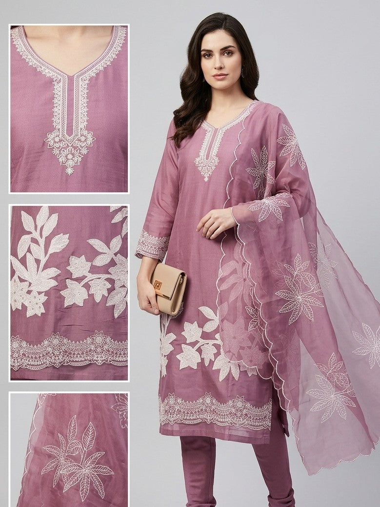 Women's Mauve Embroidered Cotton Kurta Pant Set with Organza Dupatta – Elegant Ethnic Suit Set