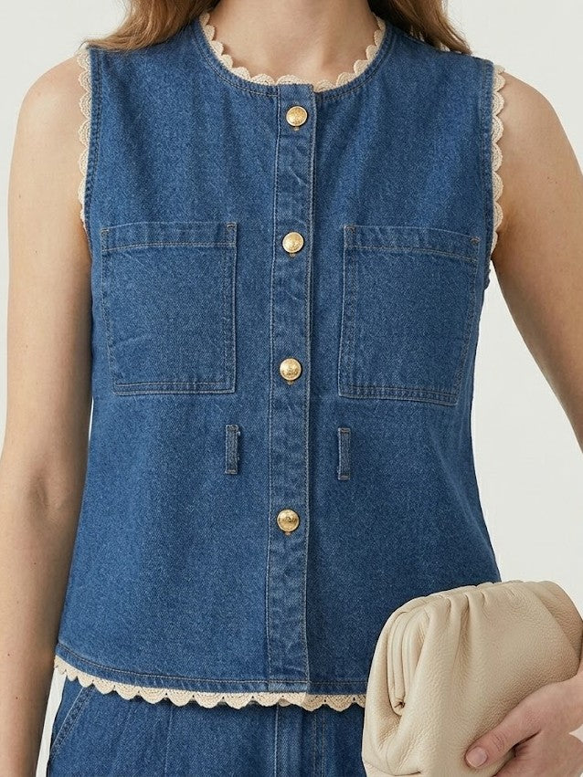 Women’s Blue Denim Co-Ord Set with Sleeveless Button-Down Top & Wide-Leg Jeans