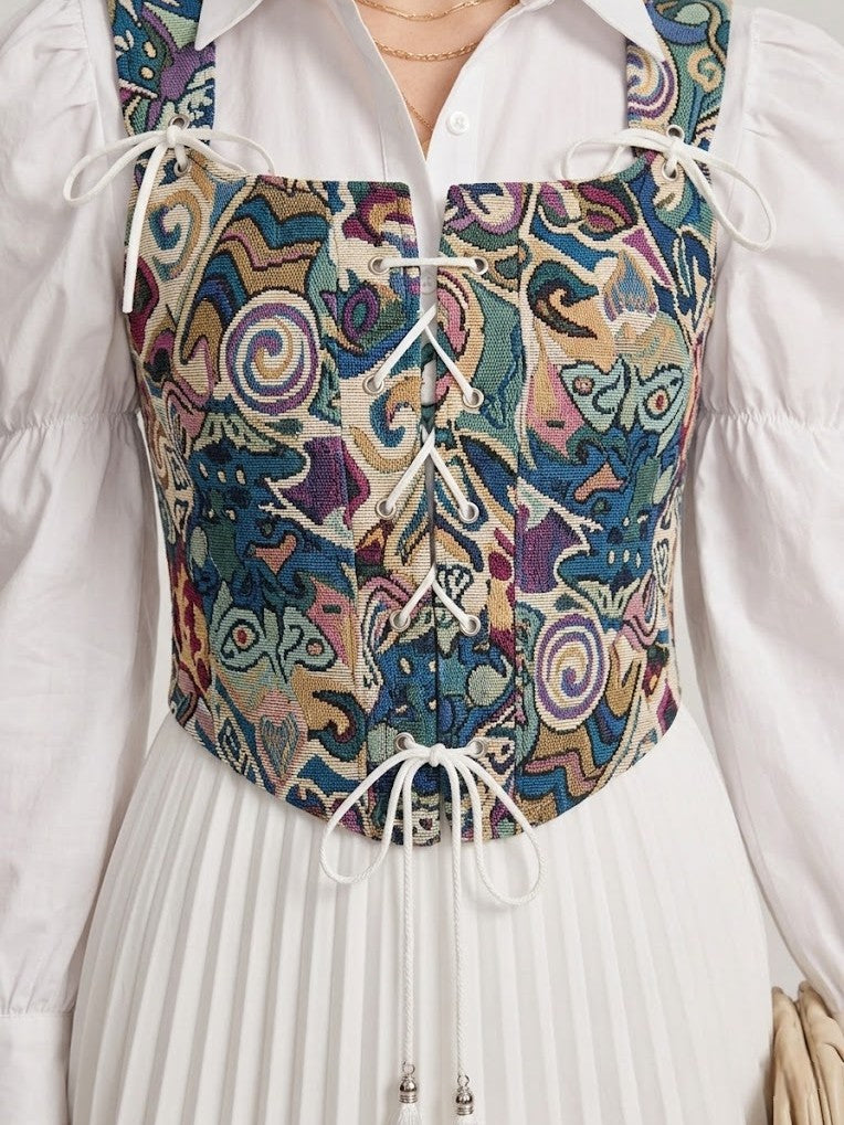 Abstract Print Lace-Up Corset Top