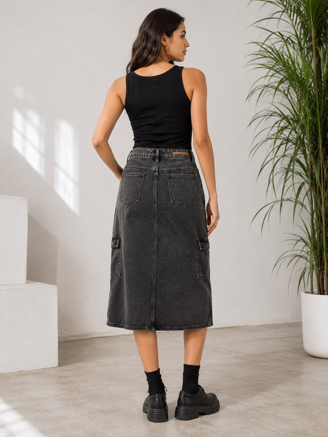 Women's Washed Black Cargo Denim Midi Skirt