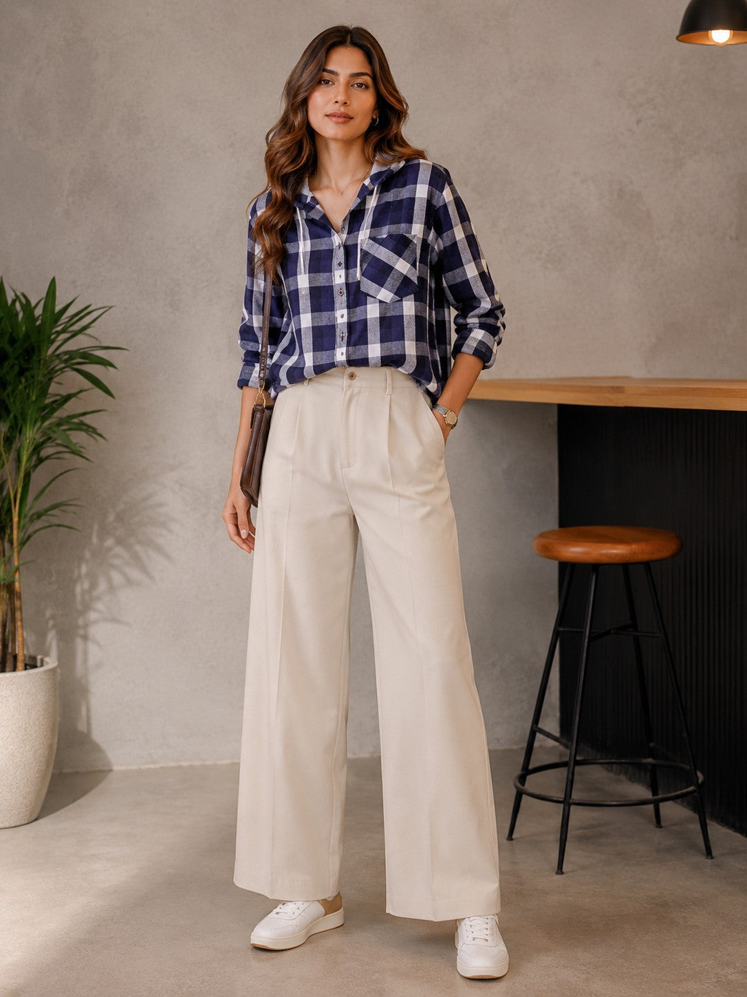 Navy Check Hooded Women’s Casual Shirt