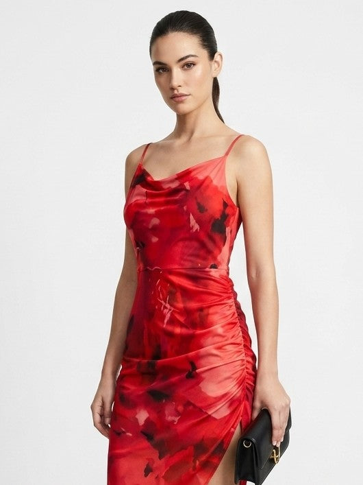 Red Satin Ruched Midi Dress with Side Slit One Piece
