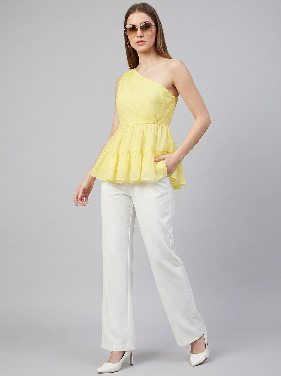 Women’s Pastel Yellow One-Shoulder Peplum Top – Elegant Ruffle Hem Sleeveless Blouse