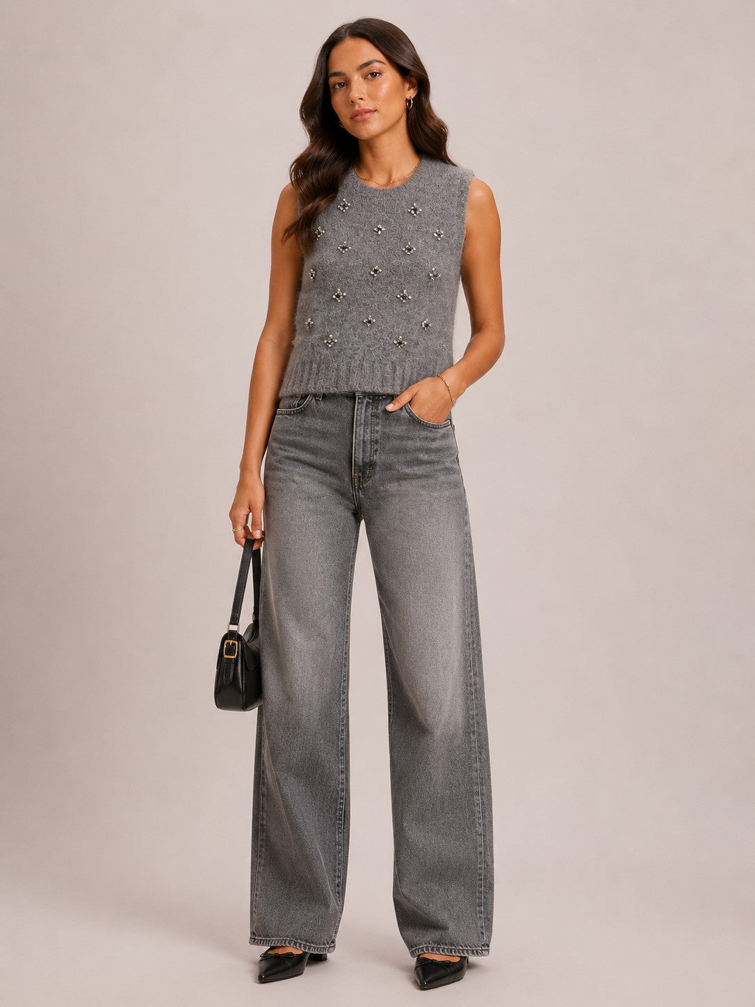 Women Grey Acid Wash High Rise Wide Leg Denim Jeans