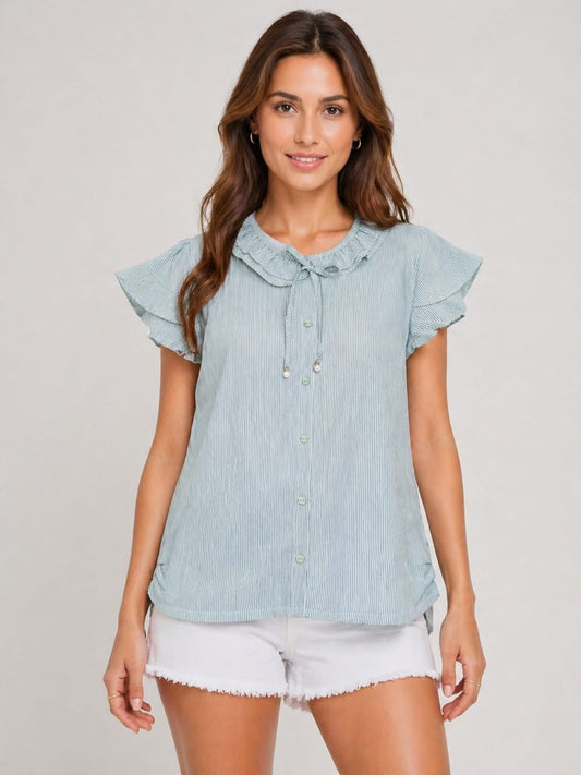 Mint Green Ruffle Sleeve Striped Top