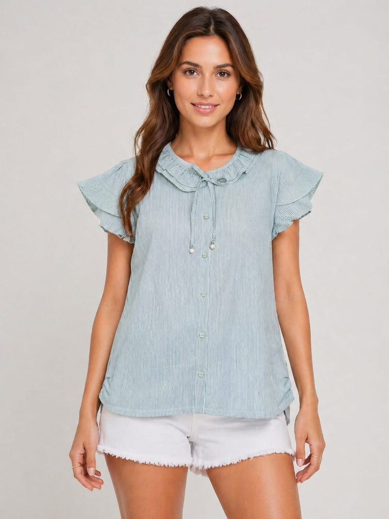 Mint Green Ruffle Sleeve Striped Top