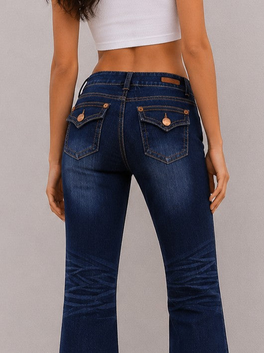 Women's Dark Blue Flared Jeans with Classic Pocket Detail