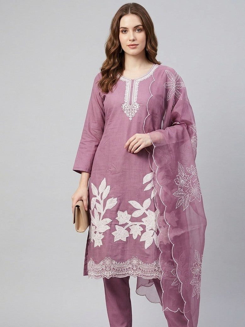 Women's Mauve Embroidered Cotton Kurta Pant Set with Organza Dupatta – Elegant Ethnic Suit Set