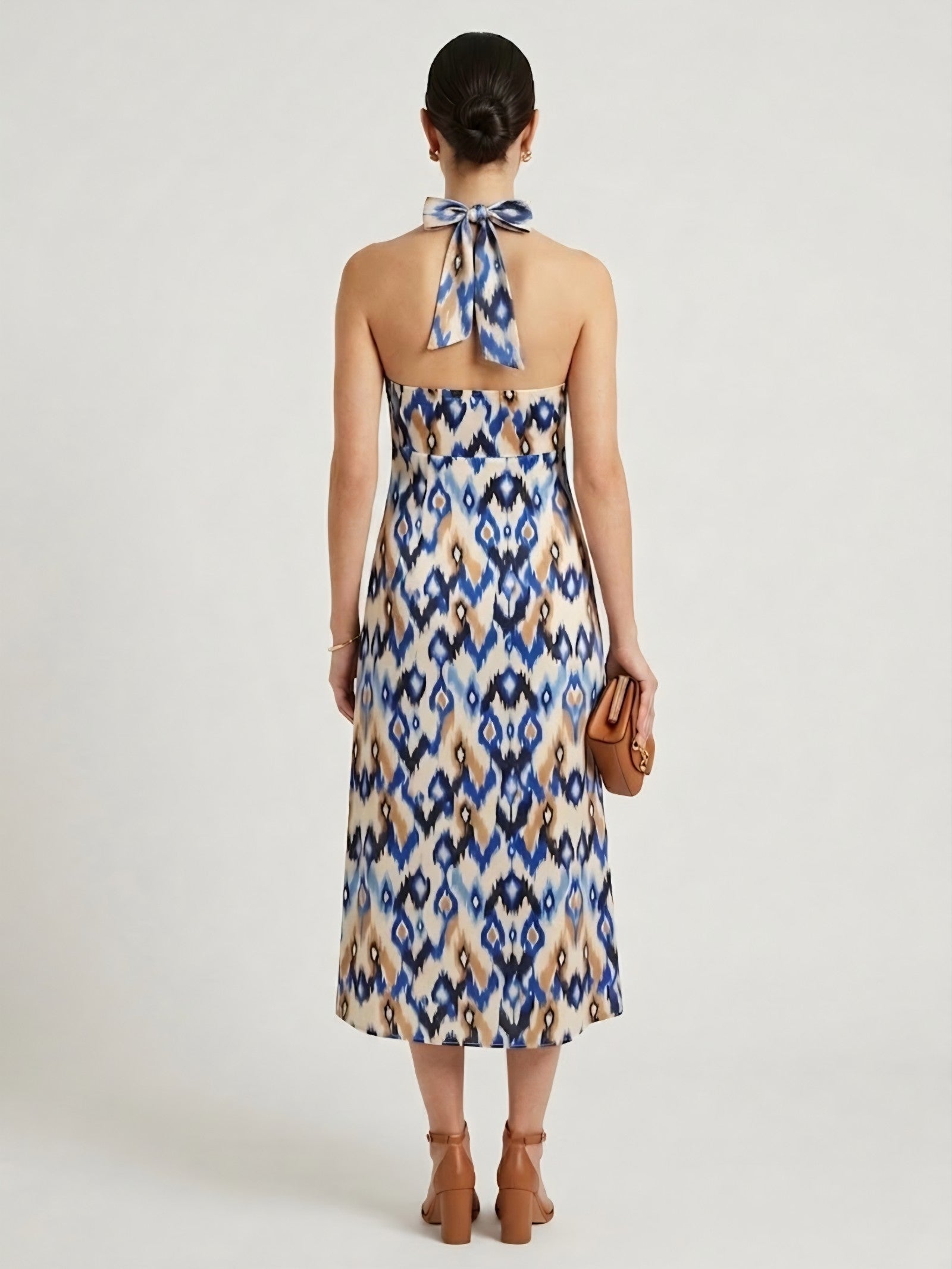 Blue & Beige Ikat Print Halter Neck Midi Dress One Piece