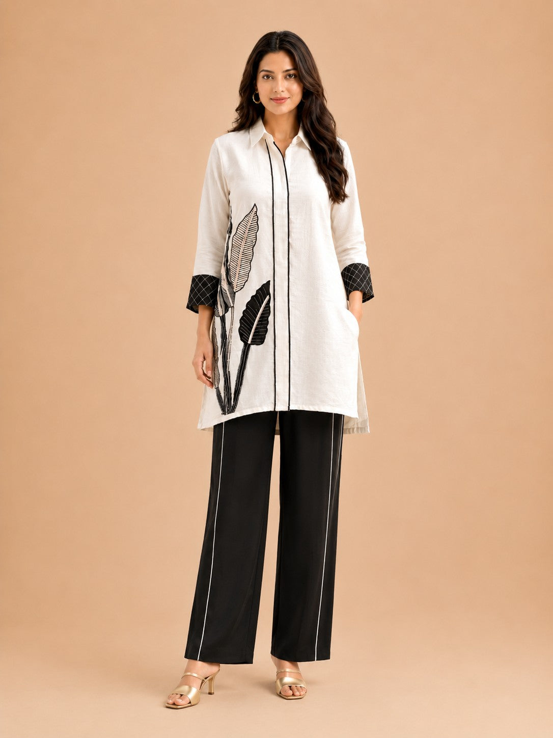 Women's White & Black Botanical Print Premium Co-ord Set