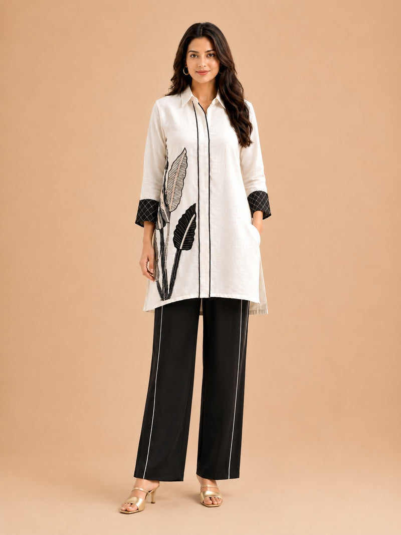 Women's White & Black Botanical Print Premium Co-ord Set