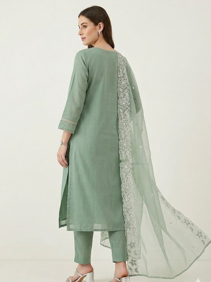 Elegant Sage Green Chanderi Embroidered Kurta Set with Organza Dupatta