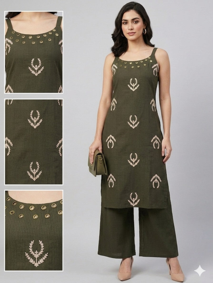 Women's Olive Green Embroidered Kurta with Palazzo Pants Co-Ord Set – Sleeveless Ethnic Wear