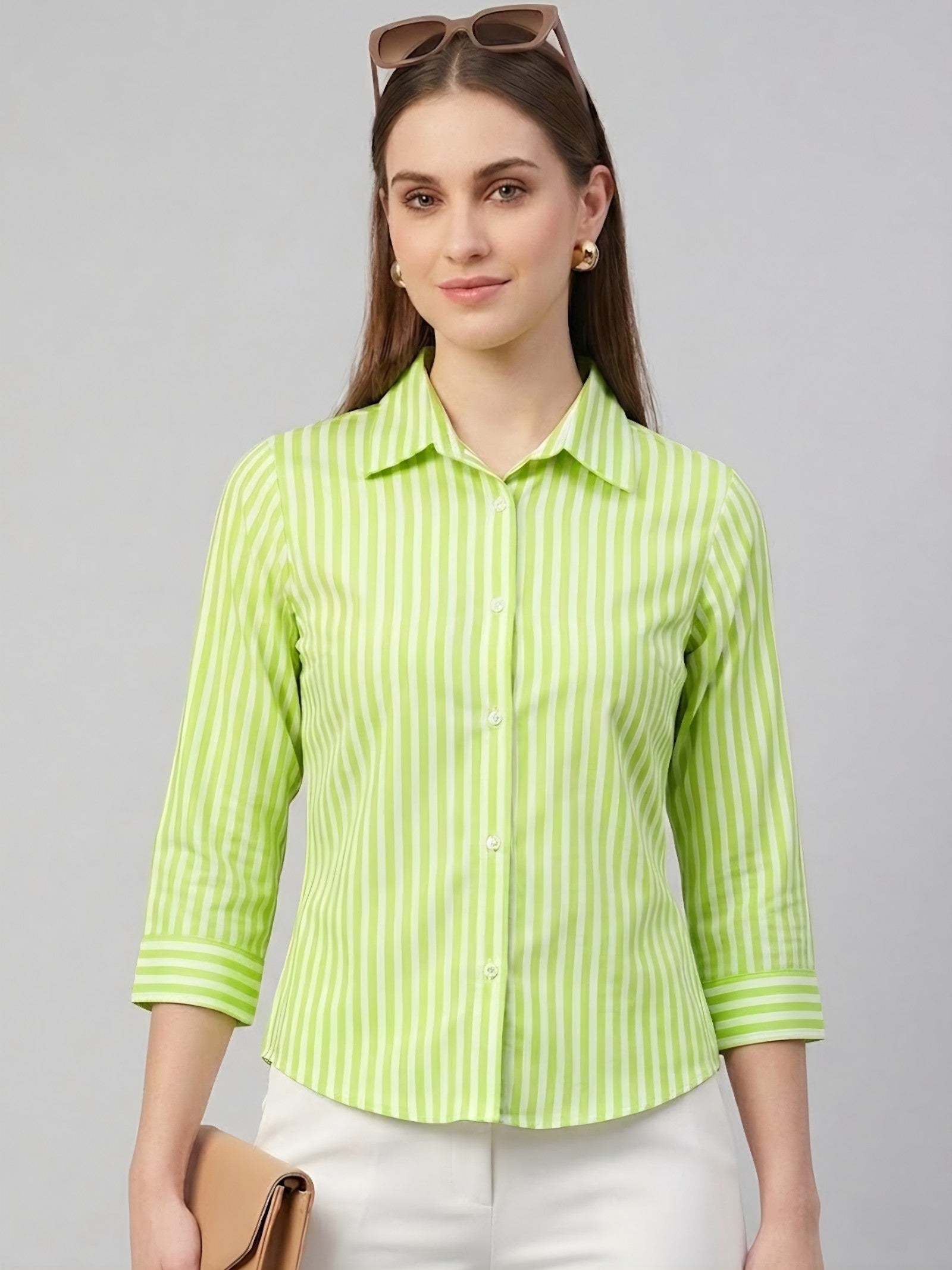 Lime Green Striped Corset-Back Blouse Shirt