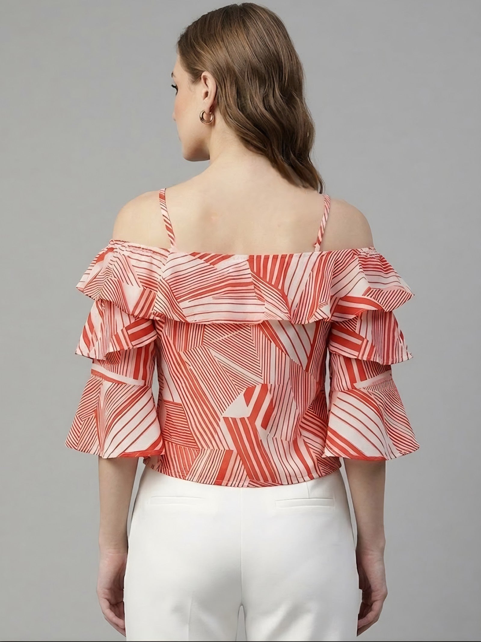 Cold-Shoulder Tiered Ruffle Blouse in Red Abstract Stripe top