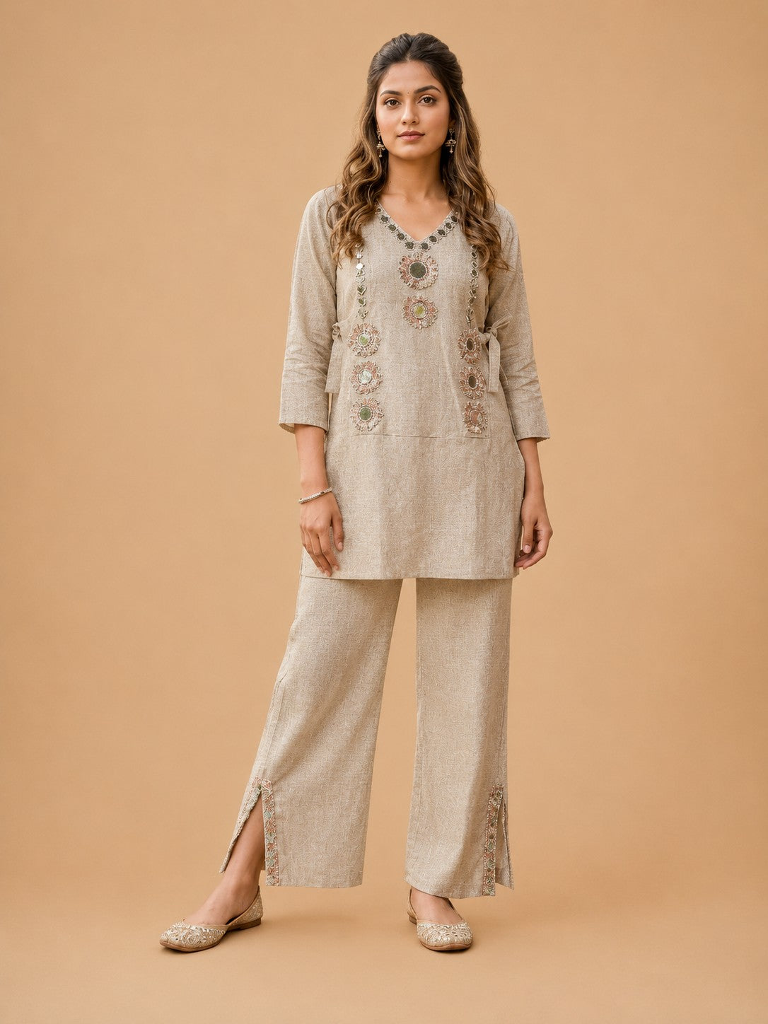 Women's Beige Embroidered Cordset