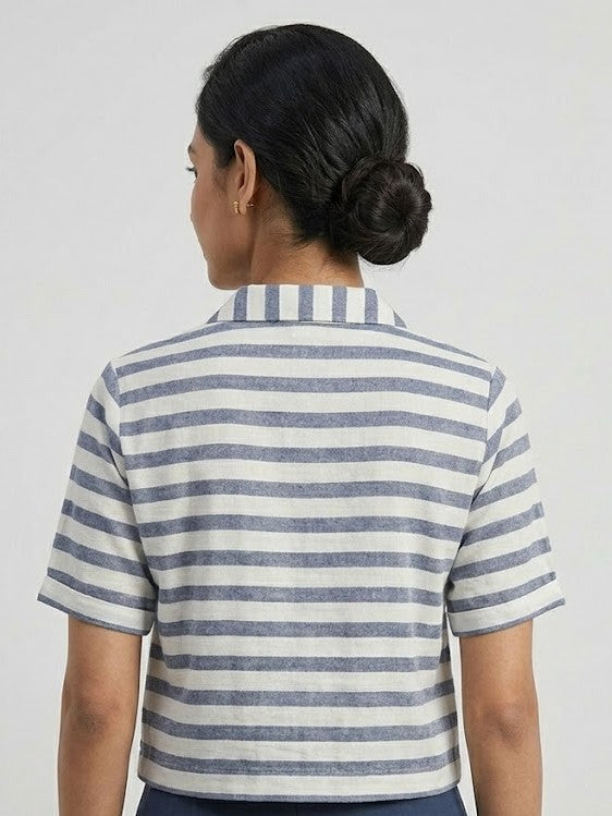 Striped Floral Embroidered Crop Shirt