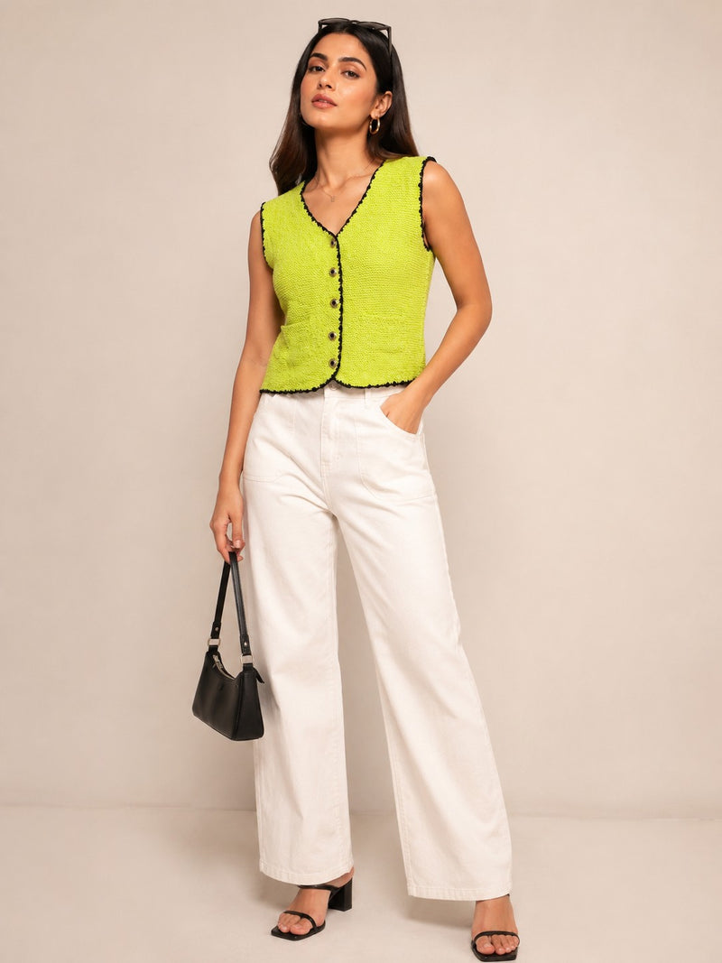 Women's Neon Green Textured Knit Sleeveless Top