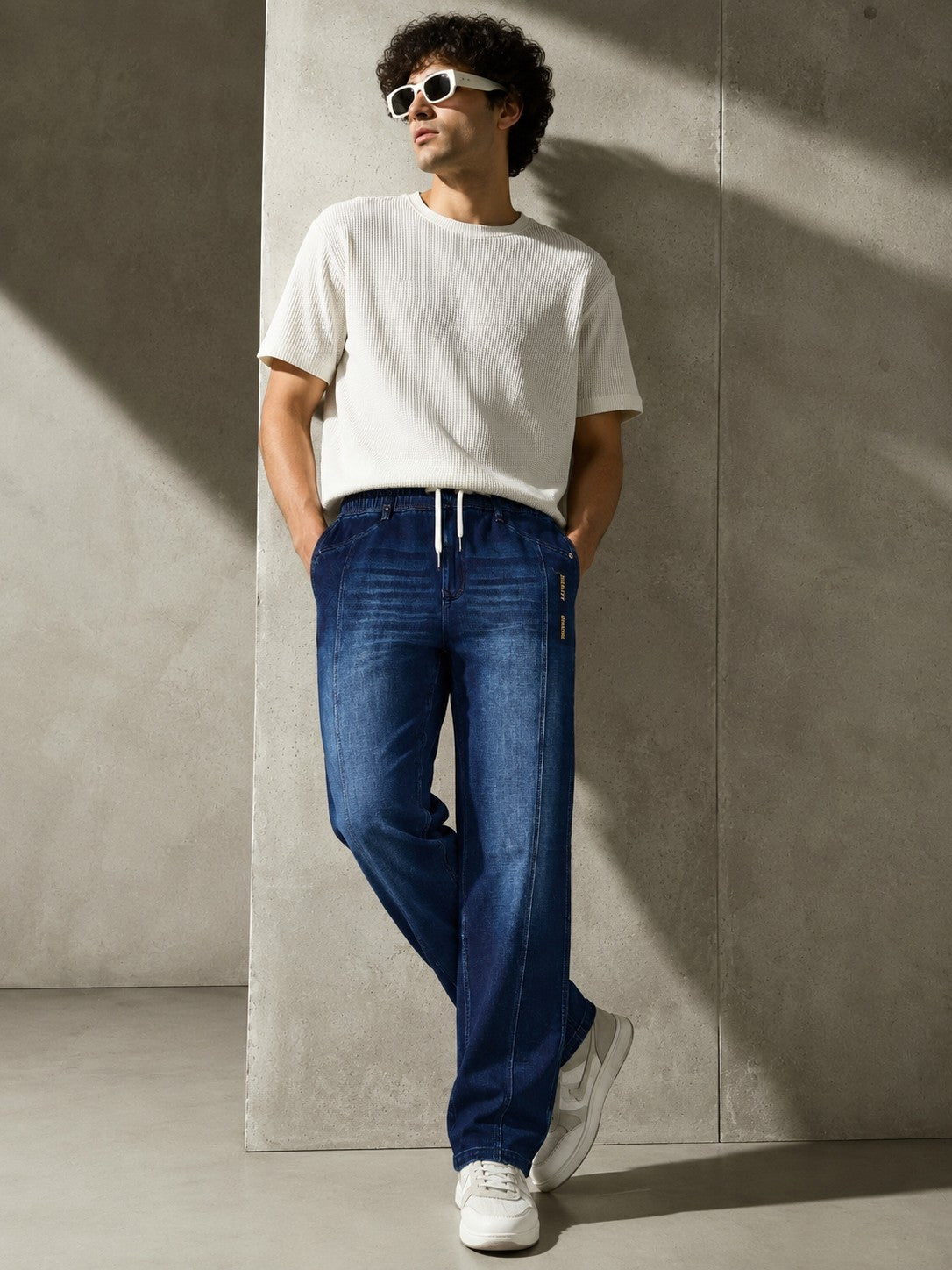 Men's Dark Blue Drawstring Comfort Fit Jeans