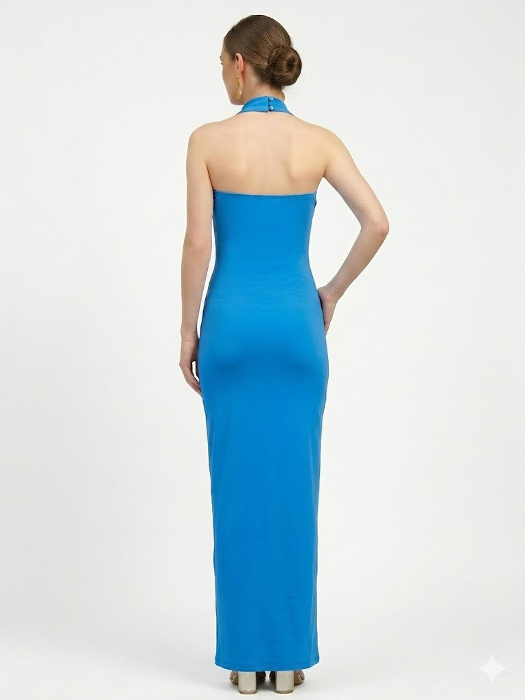 Blue Halter Neck Maxi Dress One Piece