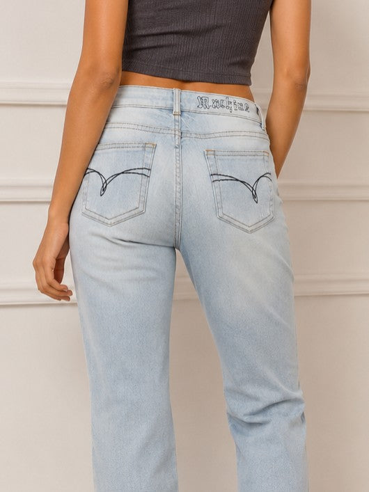 Women's Mid-Rise Distressed Straight Leg Jeans in Light Bleach Wash