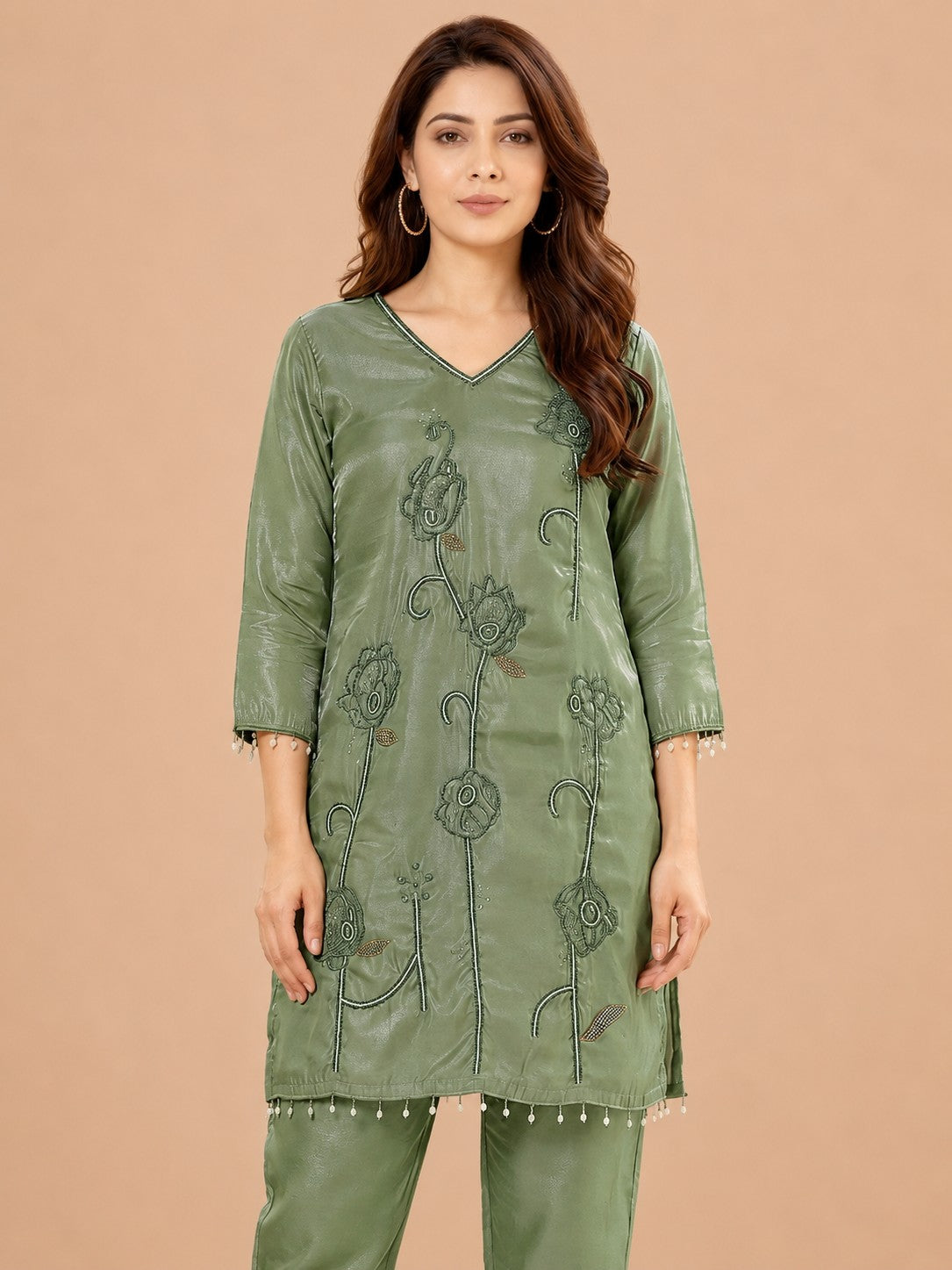 Women's Olive Green Embroidered Cordset