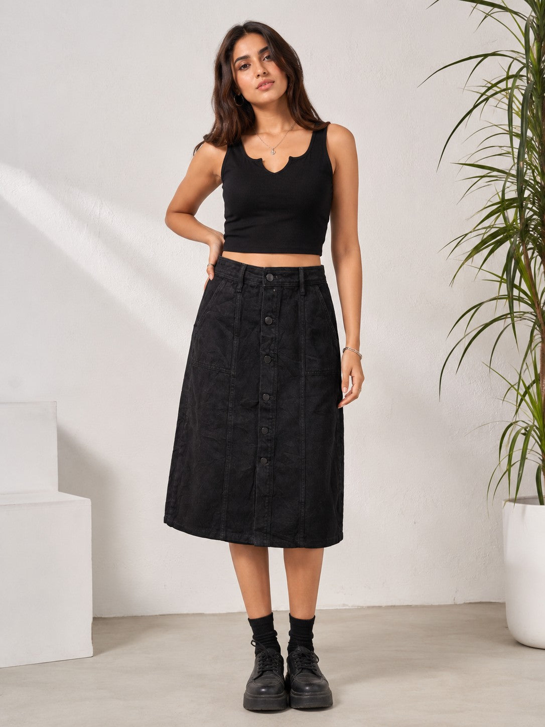 Women's Washed Black Denim A-Line Midi Skirt