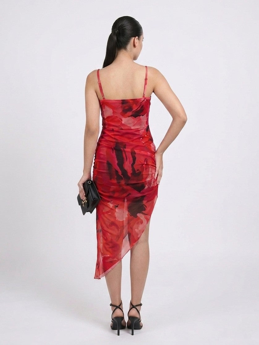 Red Satin Ruched Midi Dress with Side Slit One Piece