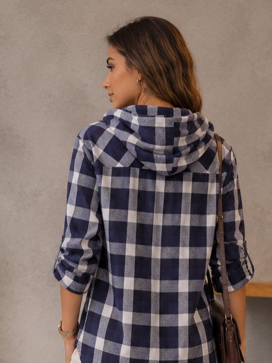 Navy Check Hooded Women’s Casual Shirt