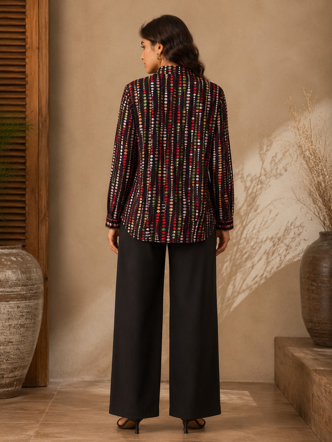 Women's Multicolor Dotted Print Black Casual Shirt