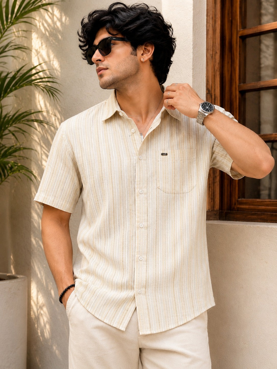 Men's Ivory Stripe Casual Half Sleeve Shirt