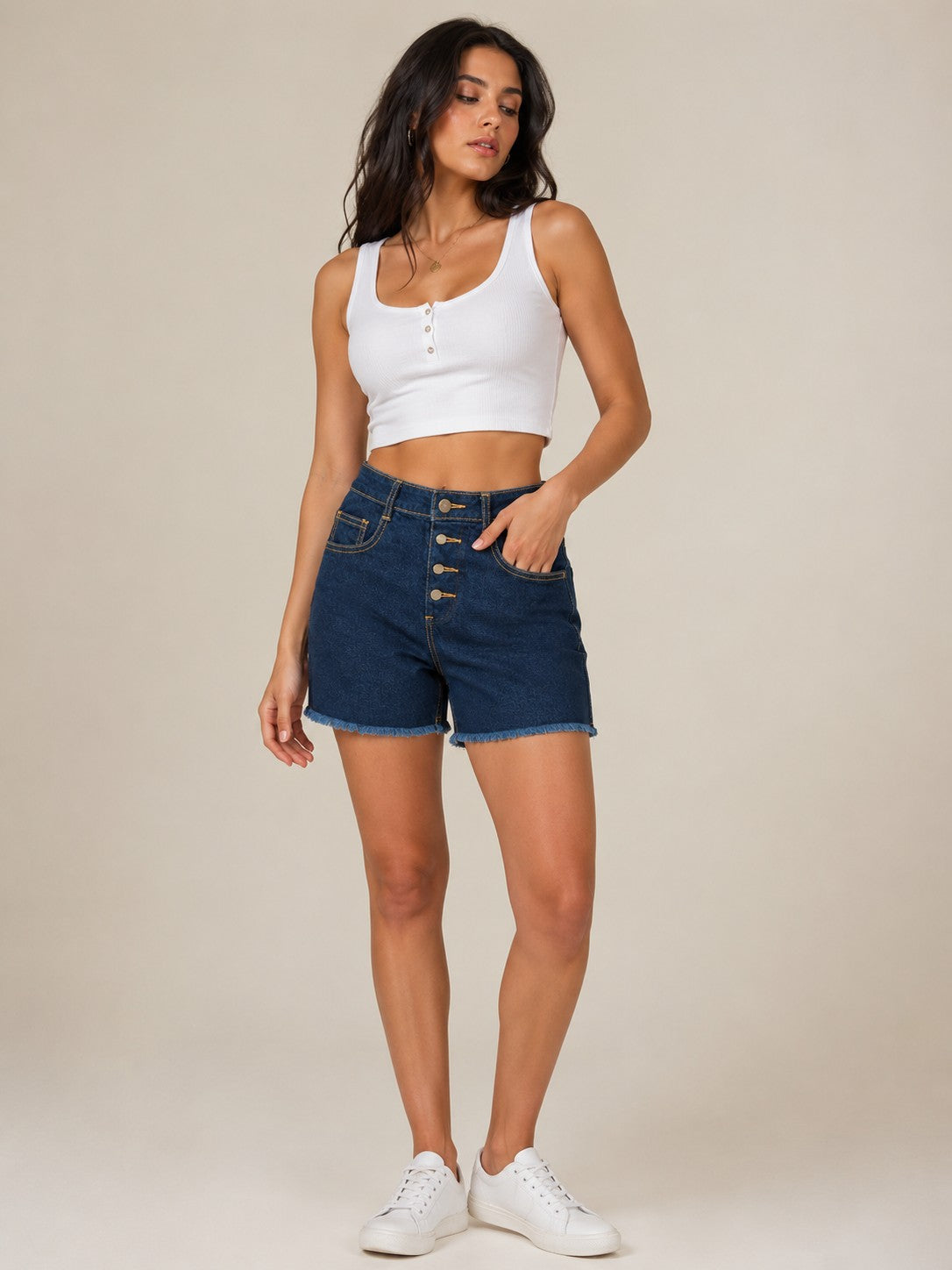 Women's Dark Blue High-Waisted Button Front Denim Shorts