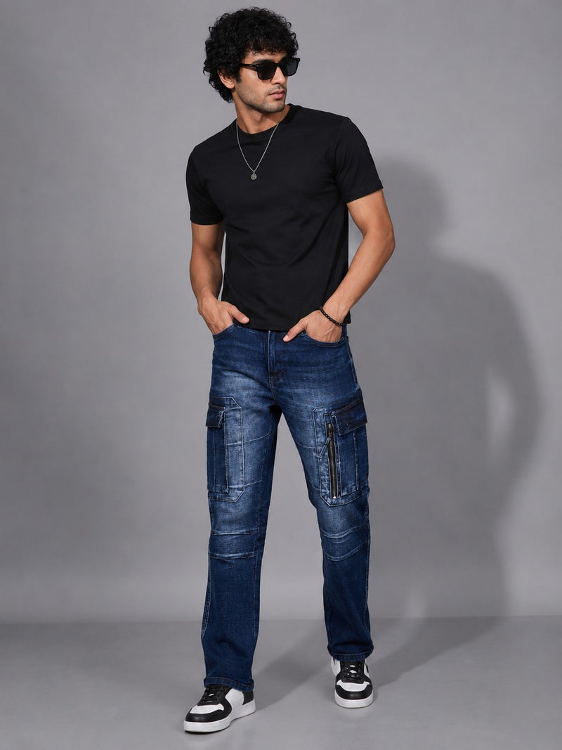 Men's Dark Blue Cargo Utility Jeans