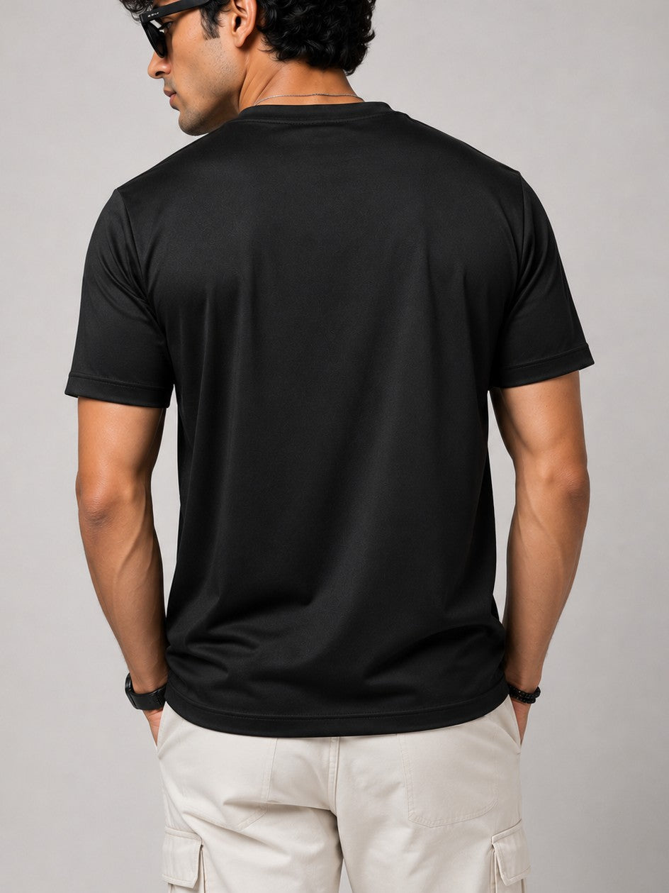 Men's Black Imported Lycra Embroidered Graphic T-Shirt
