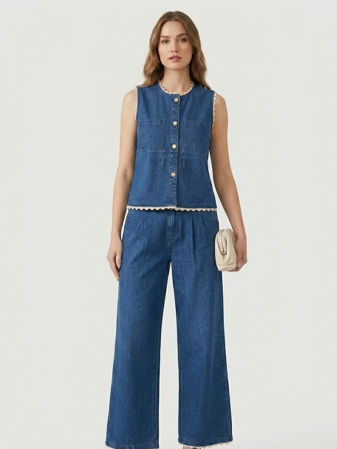 Women’s Blue Denim Co-Ord Set with Sleeveless Button-Down Top & Wide-Leg Jeans