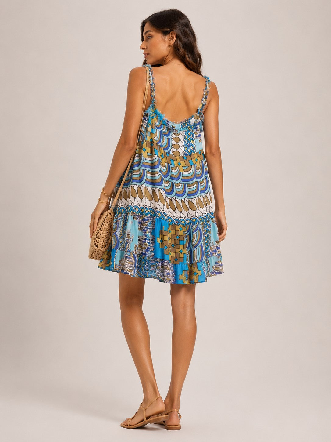Women Multicolor Geometric Abstract Print Sleeveless Tiered Mini Dress