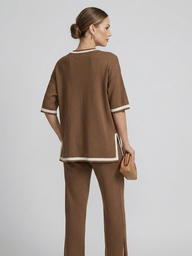 Women’s Brown Knit Co-Ord Set with Floral Line Art Print – Relaxed Fit Top & Pants