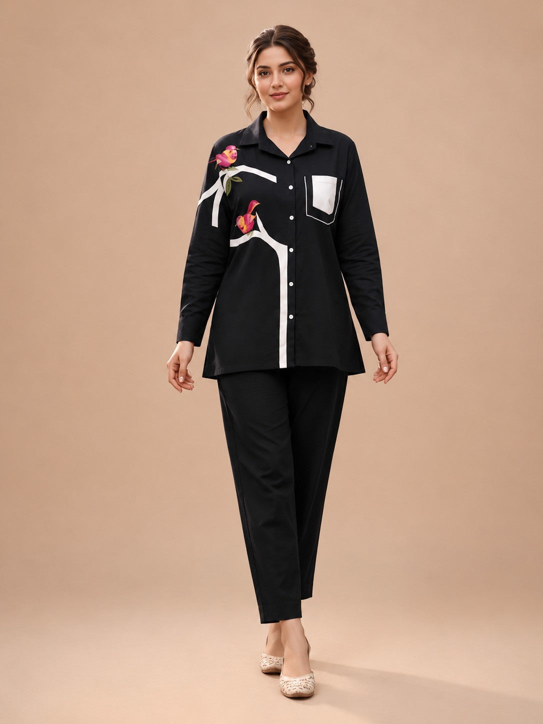 Women's Black Printed Cordset