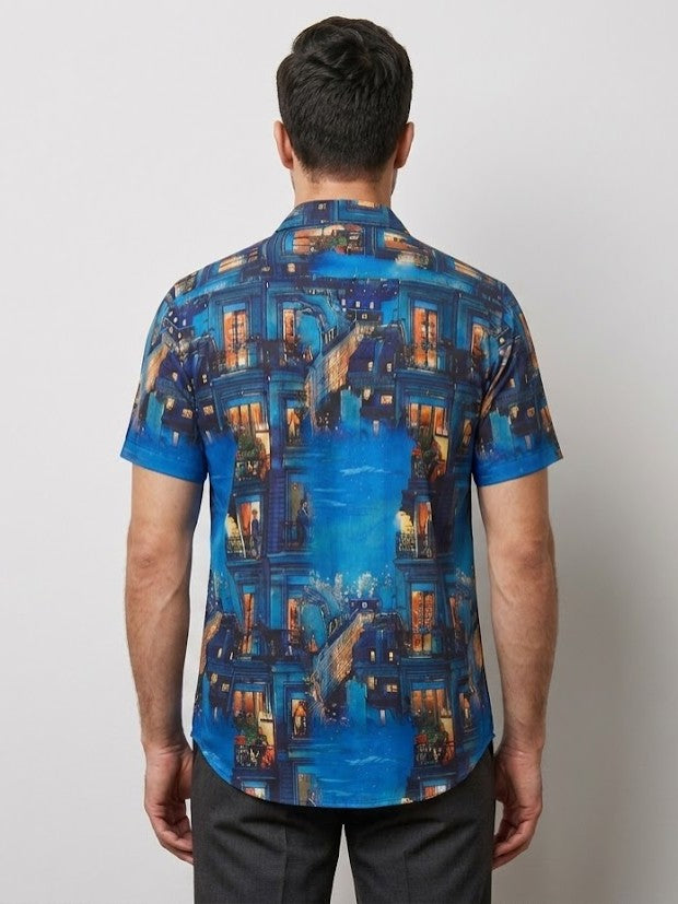 Blue Cityscape Printed Half Sleeve Shirt for Men