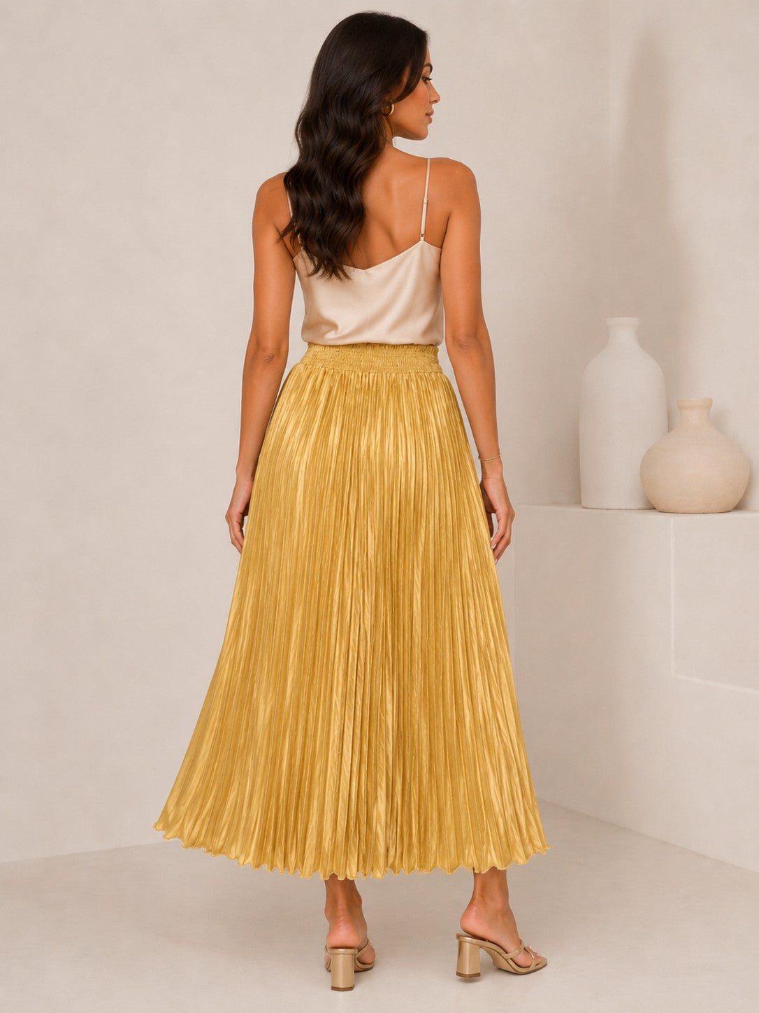 Women's Gold Pleated Satin Maxi Skirt with Smocked Waist